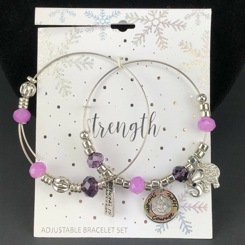 Kohl's Silver Tone "Strength" Double Bangle Charm Bracelet Rhinestone #1727